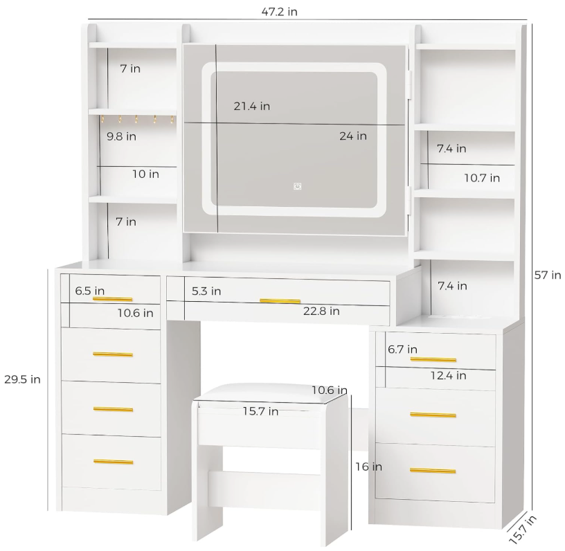 The Arabella™ Luxe Vanity with LED Mirror & Jewelry Storage