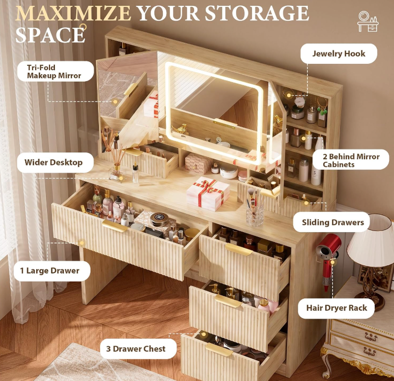 The Sienna™ Luxe Vanity with Tri-Fold LED Mirror