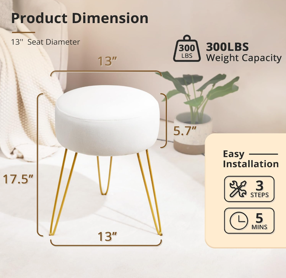 The Belle™ Velvet Vanity Stool with Gold Legs