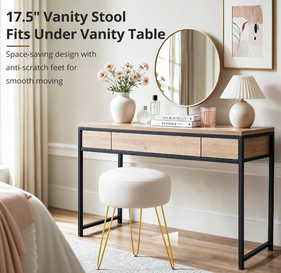 The Belle™ Velvet Vanity Stool with Gold Legs