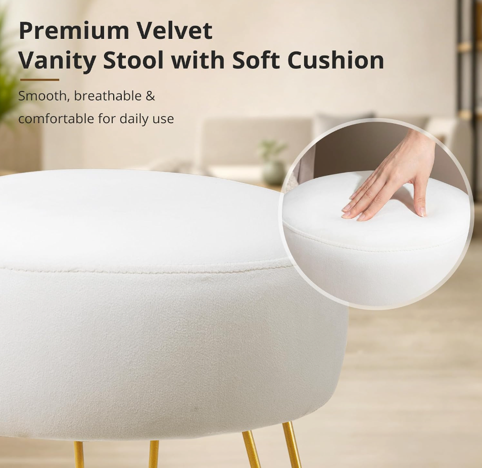 The Belle™ Velvet Vanity Stool with Gold Legs