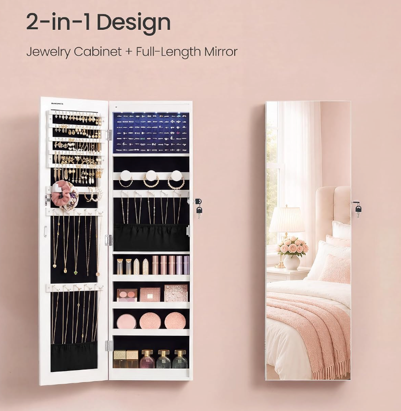 The Estelle™ Full-Length Mirror Jewelry Armoire with LED Lights
