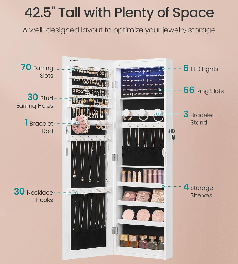 The Estelle™ Full-Length Mirror Jewelry Armoire with LED Lights