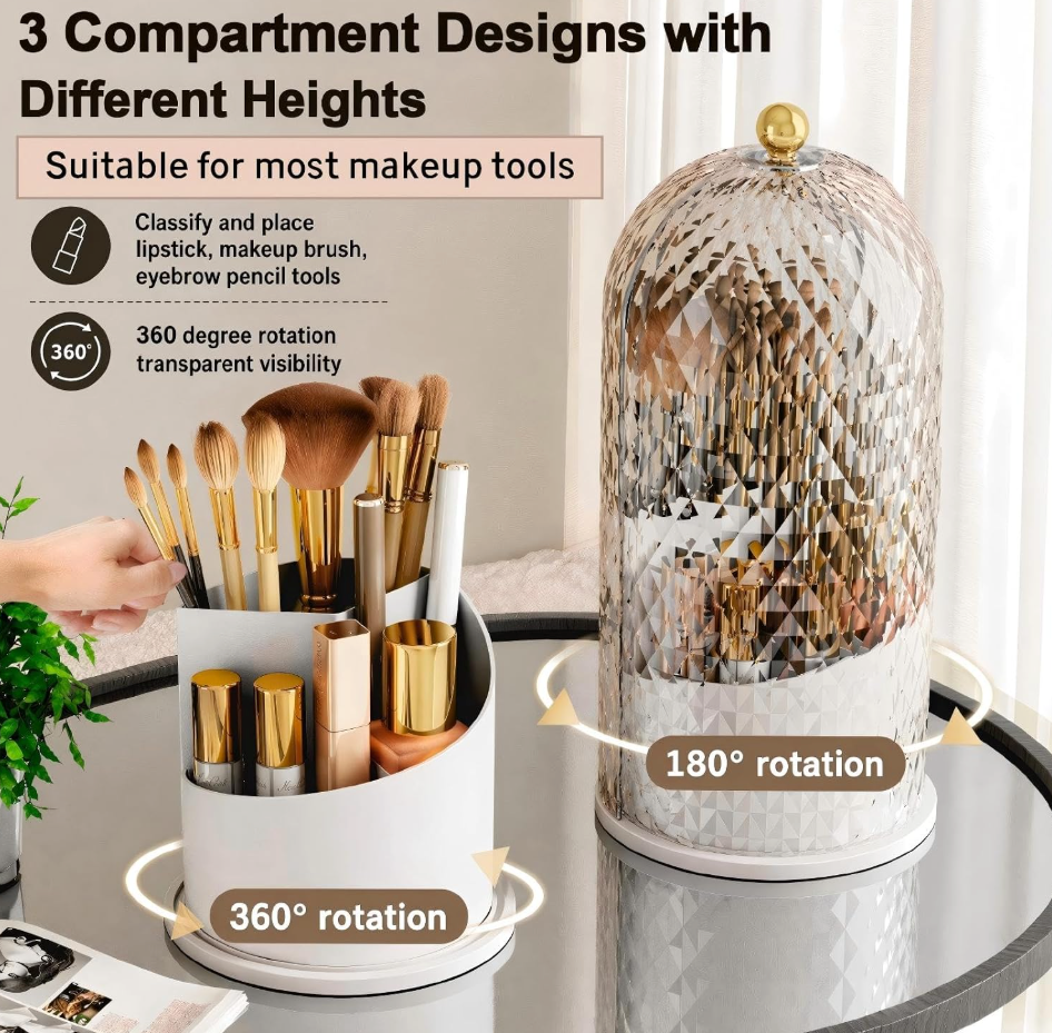 The Ophelia™ Crystal Makeup Brush Organizer with Dustproof Cover