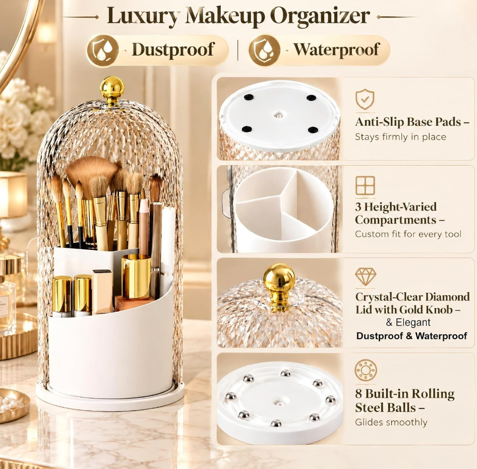 The Ophelia™ Crystal Makeup Brush Organizer with Dustproof Cover
